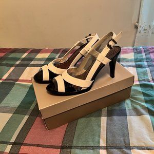 NWT, Nine & Company, White and Black Leather Strapped Heels, Size 8.5
